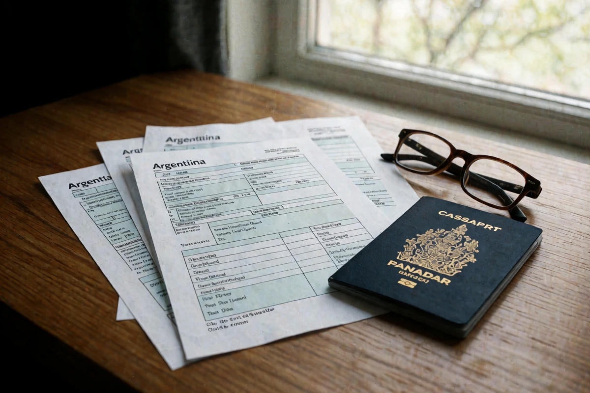 The ARCA website open on a laptop beside Argentine tax records and a Canadian passport