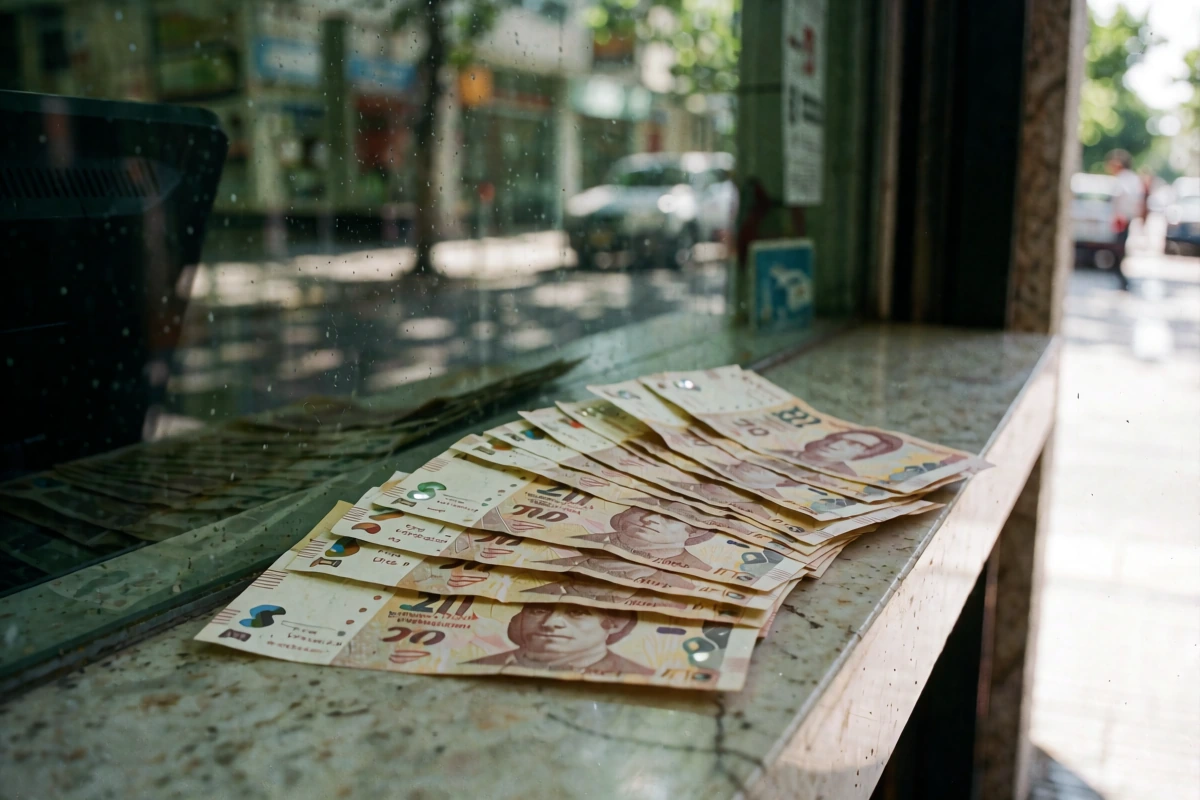 Restaurant receipt and card terminal on a café table in Buenos Aires