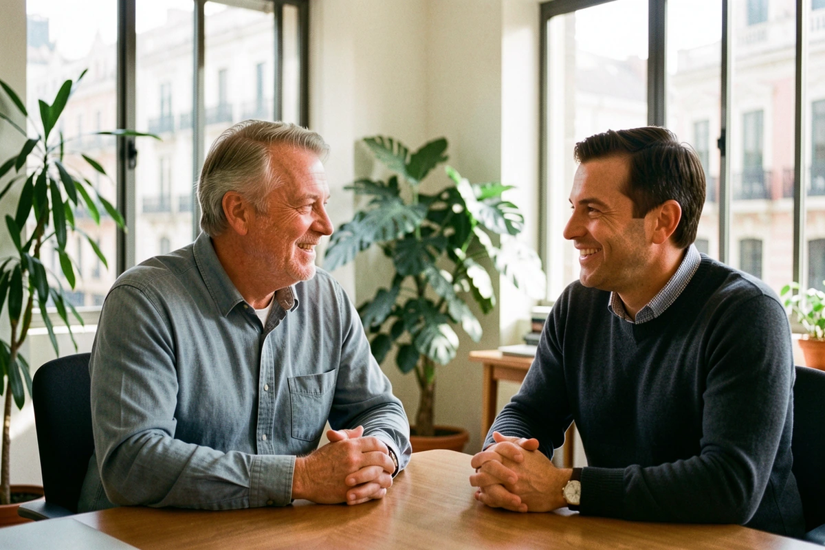 A Canadian man talking with an advisor in a sunlit Buenos Aires office
