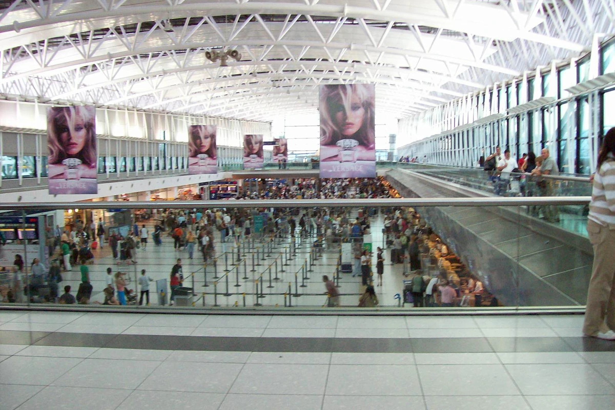 Departure counters beneath the terminal roof at Ezeiza airport near Buenos Aires