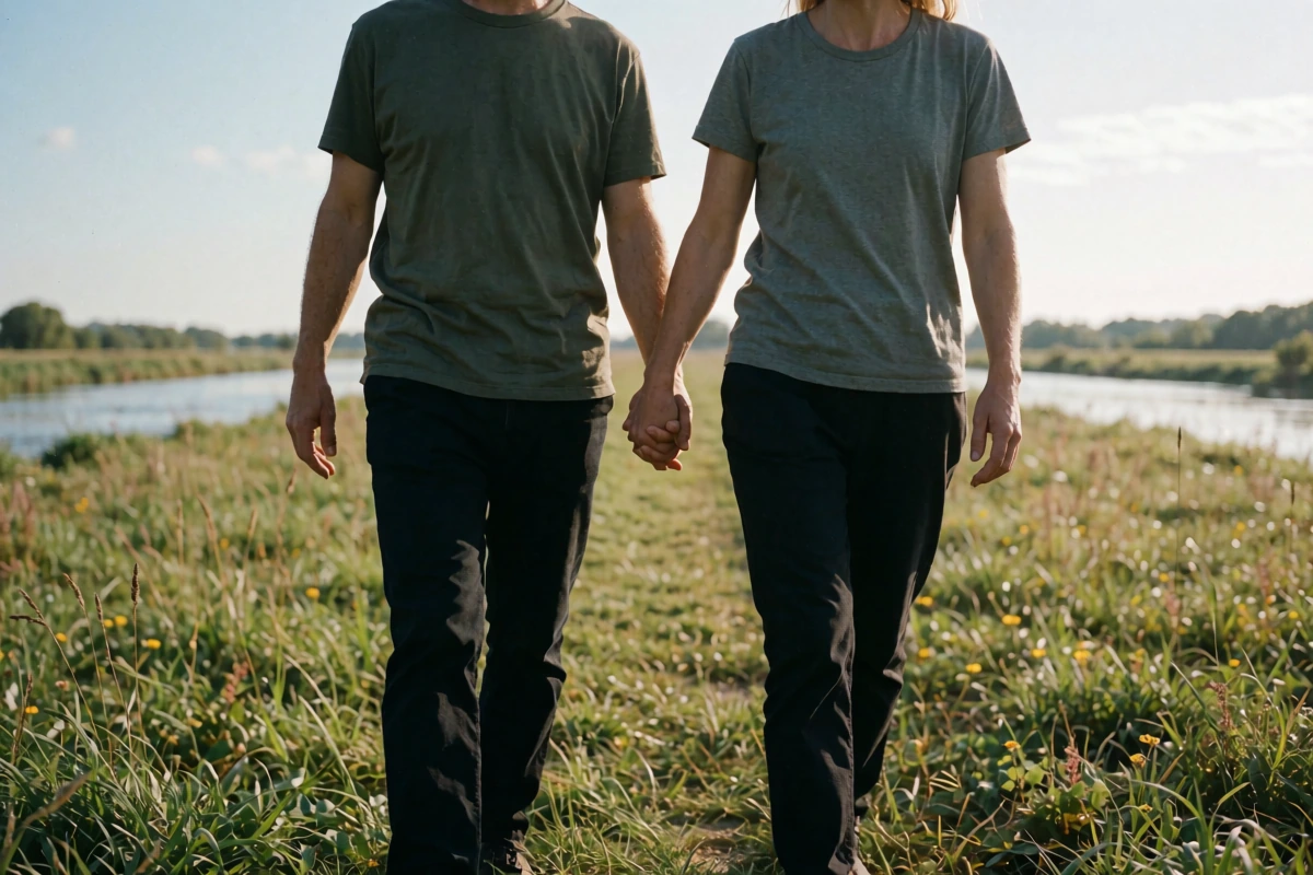 Two people in plain grey shirts walk across sunlit grass toward a tree-lined water edge
