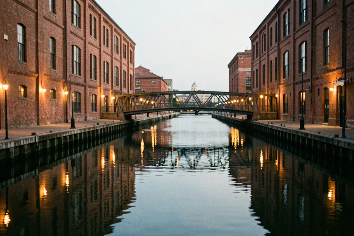 Brick warehouses and a footbridge reflected in the dock water at Puerto Madero, Buenos Aires, at dusk