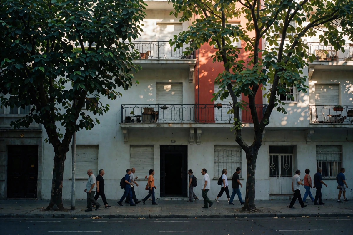 People walk beside a residential facade with balconies and trees