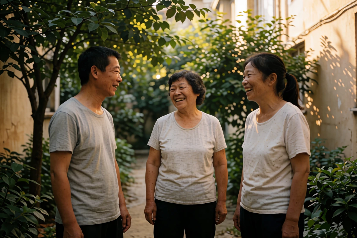 Three people in plain shirts talk in a tree-shaded courtyard outside a home