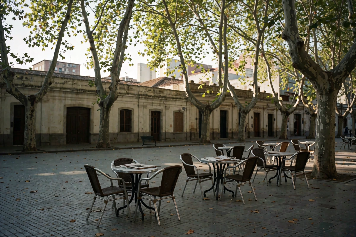 Shaded benches and a pedestrian path in a neighbourhood park in Mendoza