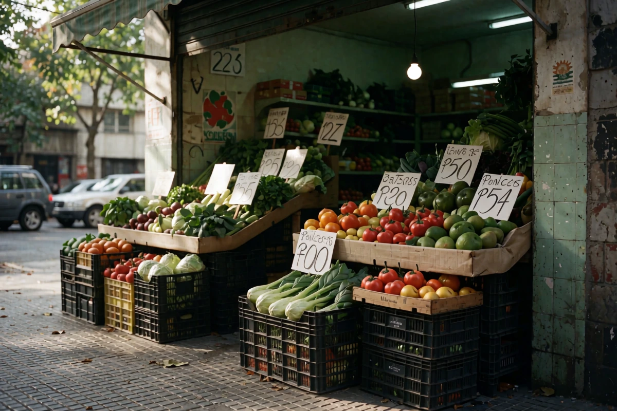 Apartment balconies above a neighbourhood grocery shop on a Buenos Aires street