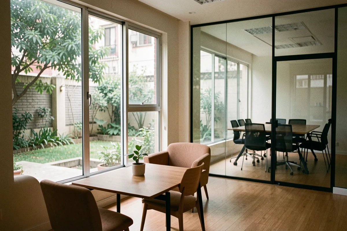 Quiet shared workspace lounge with windows facing a leafy courtyard