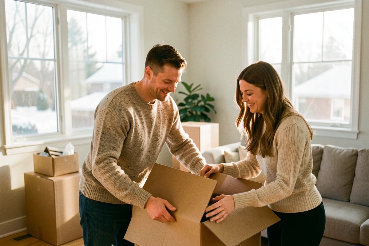 A Canadian couple packing moving boxes before relocating to Argentina