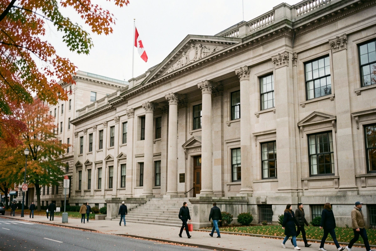 A government building in Ottawa with the Canadian flag
