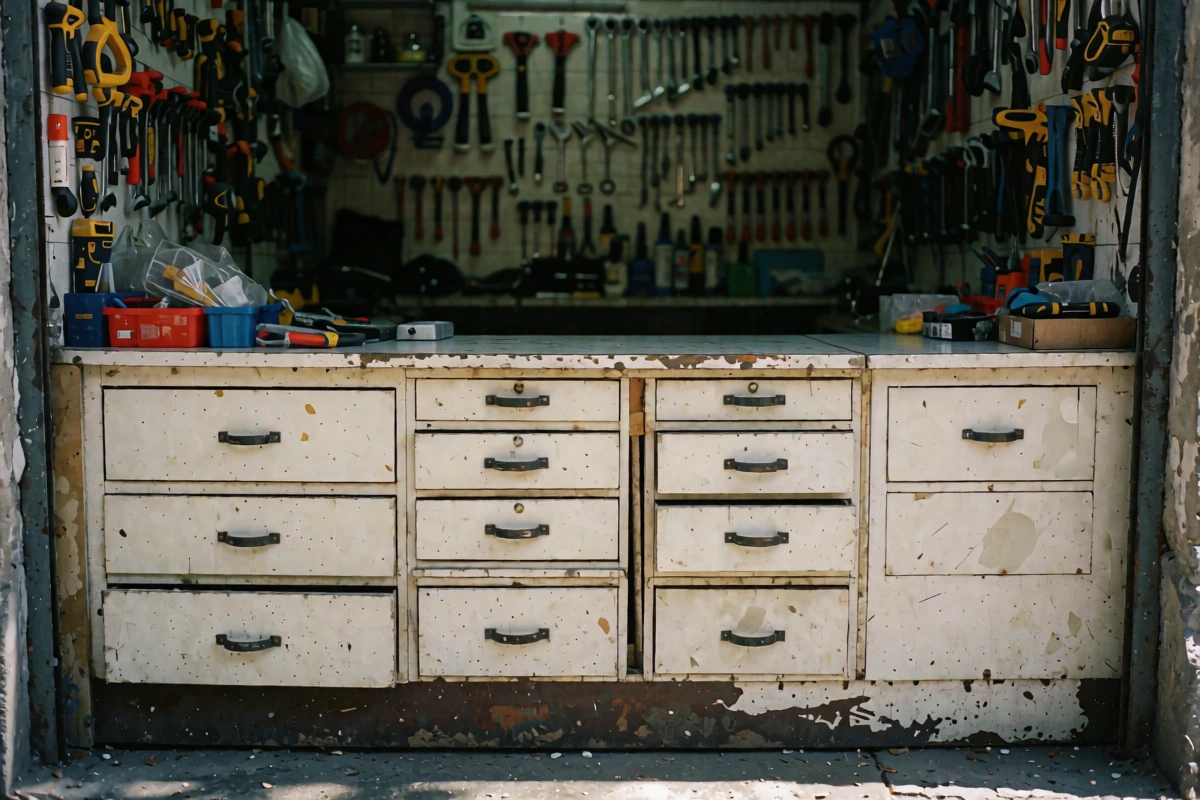 Repair shop entrance beside residential buildings on a neighbourhood street in Córdoba