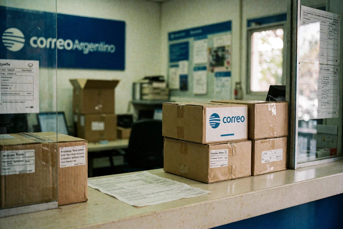 Addressed parcel and document envelope on a table inside a Buenos Aires apartment entrance