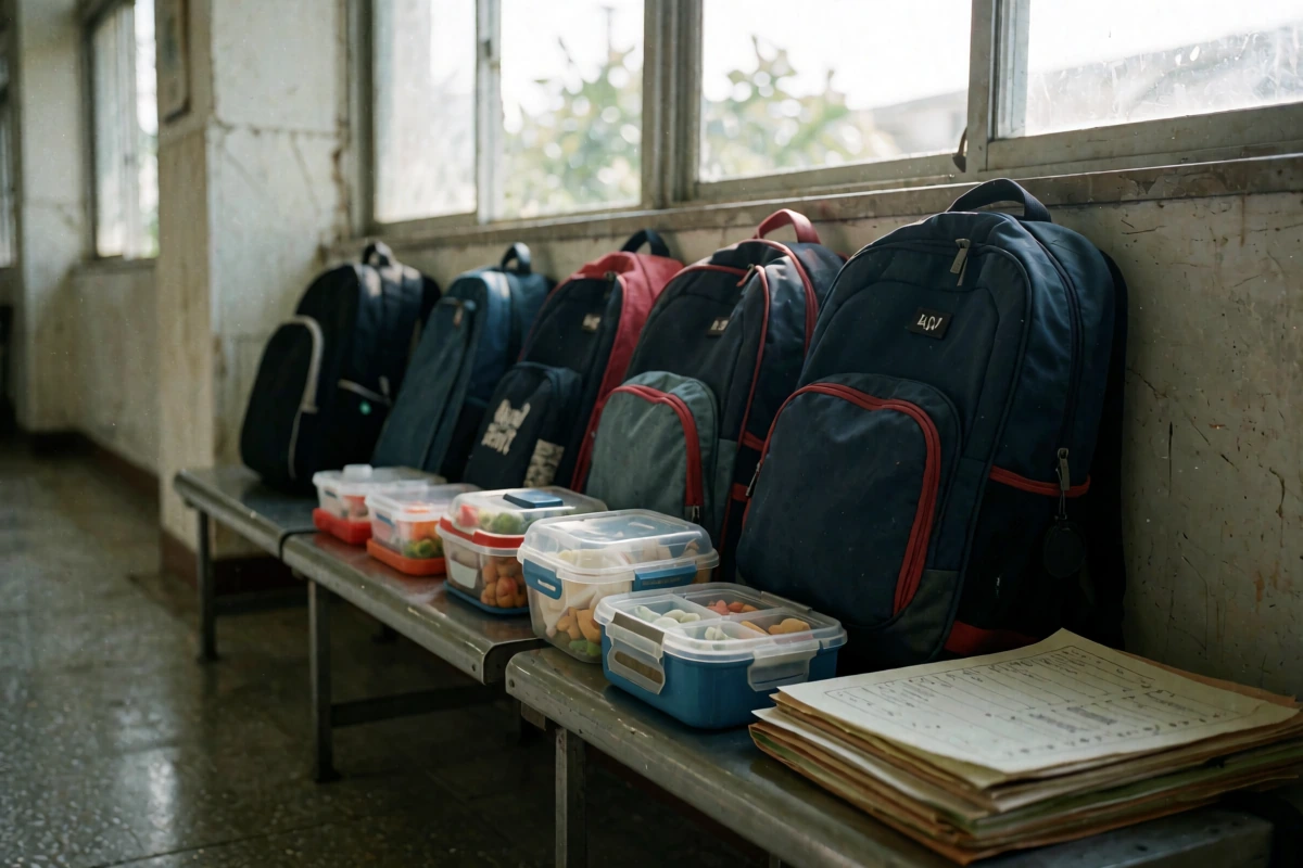 An adult and child beside a table of school papers in a Buenos Aires apartment