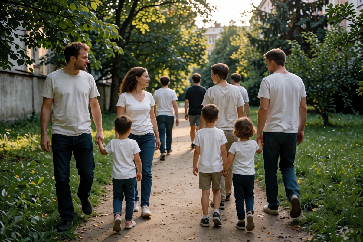 Two adults and a child walk along a shaded path