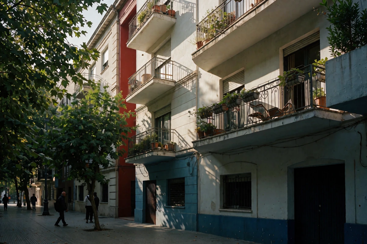 A sunlit residential street with apartment balconies and tree shadows