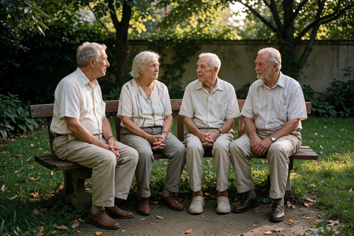 Four older adults sit facing one another on a wooden park bench