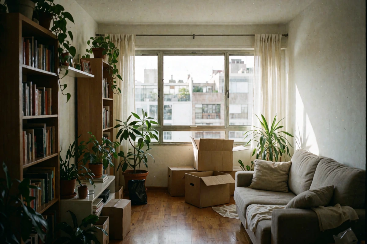 A bright, tidy apartment interior with furniture and large windows