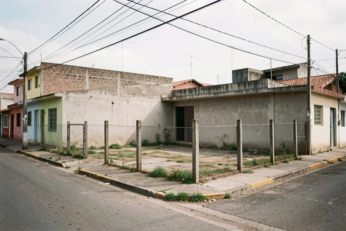 Empty building parcel beside low-rise homes and a paved Argentine street