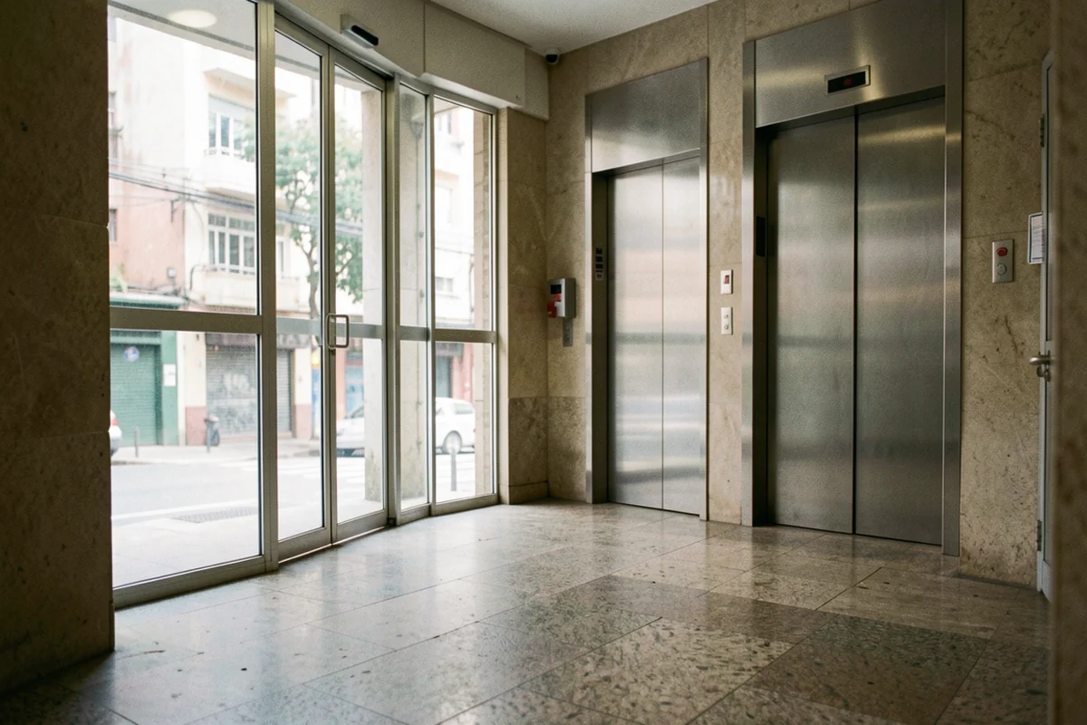 Daylit office building entrance lobby with glass doors and a lift